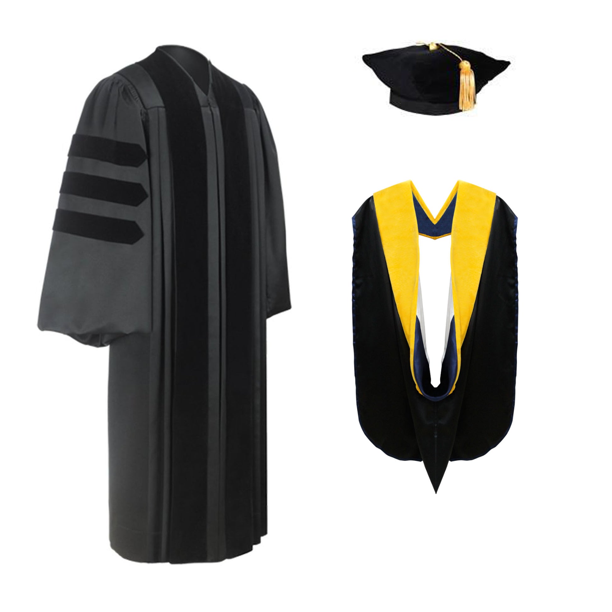 Deluxe Doctoral Graduation Tam, Gown & Hood Package - Graduation Cap and Gown
